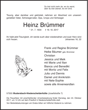 Traueranzeige von Heinz Brümmer von Siegener Zeitung