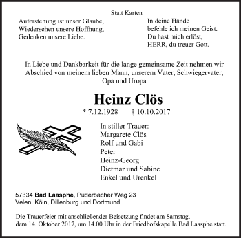 Traueranzeige von Heinz Clös von Siegener Zeitung