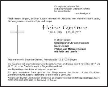 Traueranzeige von Heinz Greiner von Siegener Zeitung