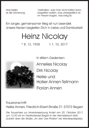 Traueranzeige von Heinz Nicolay von Siegener Zeitung