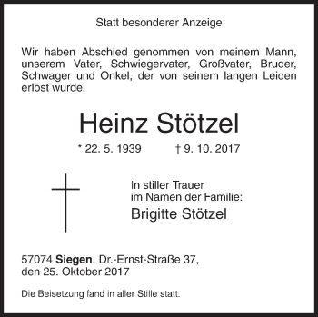 Traueranzeige von Heinz Stötzel von Siegener Zeitung