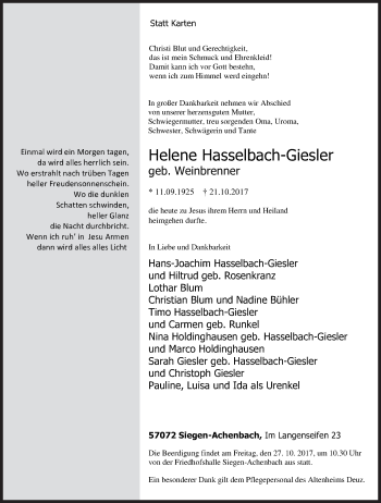 Traueranzeige von Helene Hasselbach-Giesler von Siegener Zeitung