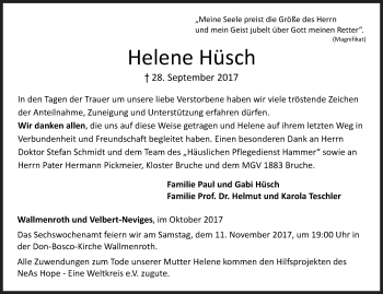 Traueranzeige von Helene Hüsch von Siegener Zeitung