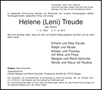 Traueranzeige von Helene Leni Treude von Siegener Zeitung
