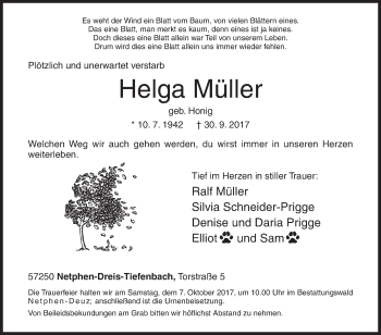 Traueranzeige von Helga Müller von Siegener Zeitung