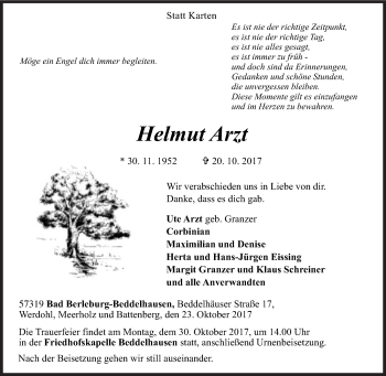 Traueranzeige von Helmut Arzt von Siegener Zeitung