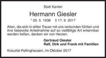 Traueranzeige von Hermann Giesler von Siegener Zeitung