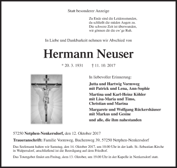 Traueranzeige von Hermann Neuser von Siegener Zeitung