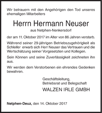 Traueranzeige von Hermann Neuser von Siegener Zeitung