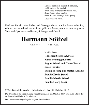 Traueranzeige von Hermann Stötzel von Siegener Zeitung