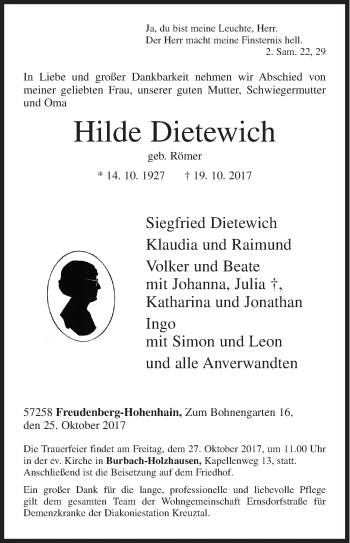 Traueranzeige von Hilde Dietewich von Siegener Zeitung
