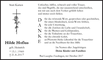 Traueranzeige von Hilde Hofius von Siegener Zeitung