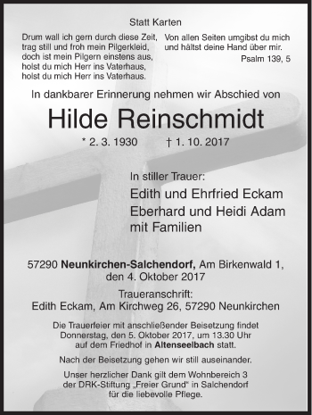 Traueranzeige von Hilde Reinschmidt von Siegener Zeitung