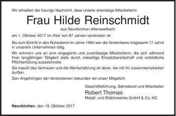 Traueranzeige von Hilde Reinschmidt von Siegener Zeitung