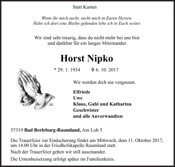 Traueranzeige von Horst Nipko von Siegener Zeitung