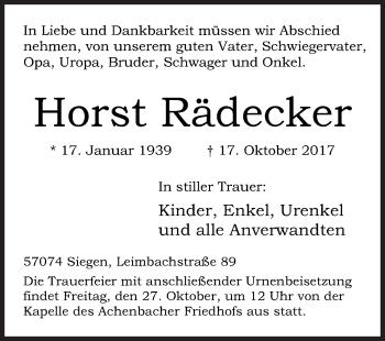 Traueranzeige von Horst Rädecker von Siegener Zeitung