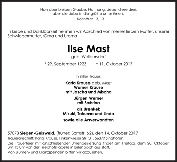 Traueranzeige von Ilse Mast von Siegener Zeitung