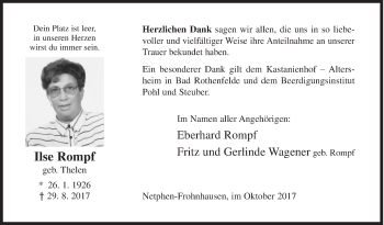 Traueranzeige von Ilse Rompf von Siegener Zeitung