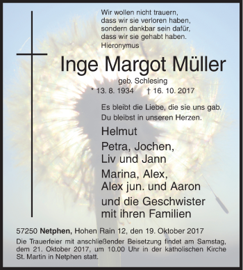 Traueranzeige von Inge Margot Müller von Siegener Zeitung