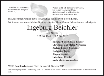 Traueranzeige von Ingeburg Beichler von Siegener Zeitung