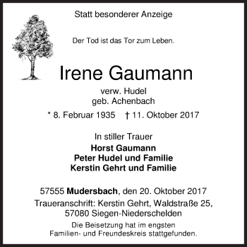 Traueranzeige von Irene Gaumann von Siegener Zeitung