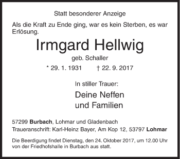Traueranzeige von Irmgard Hellwig von Siegener Zeitung