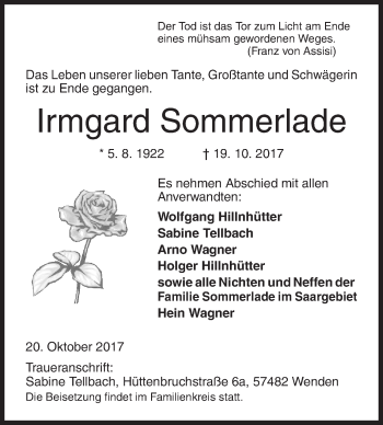 Traueranzeige von Irmgard Sommerlade von Siegener Zeitung