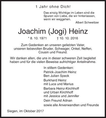Traueranzeige von Joachim Heinz von Siegener Zeitung