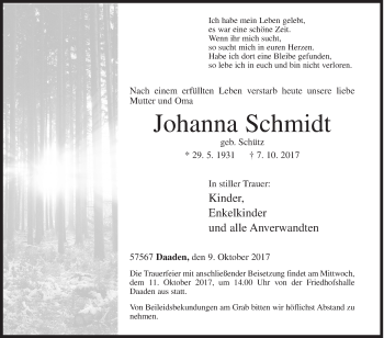 Traueranzeige von Johanna Schmidt von Siegener Zeitung