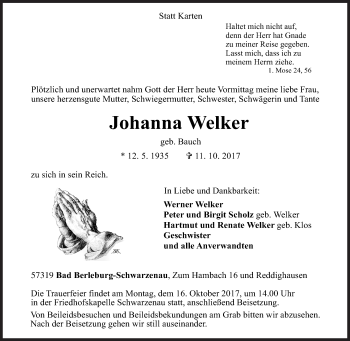 Traueranzeige von Johanna Welker von Siegener Zeitung