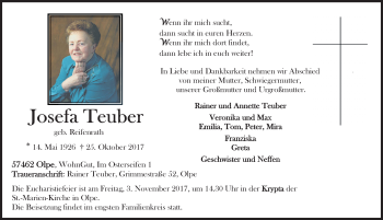 Traueranzeige von Josefa Teuber von Siegener Zeitung