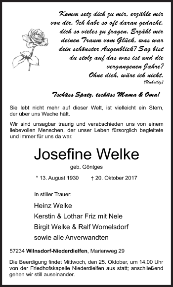 Traueranzeige von Josefine Welke von Siegener Zeitung