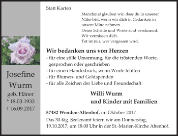 Traueranzeige von Josefine Wurm von Siegener Zeitung