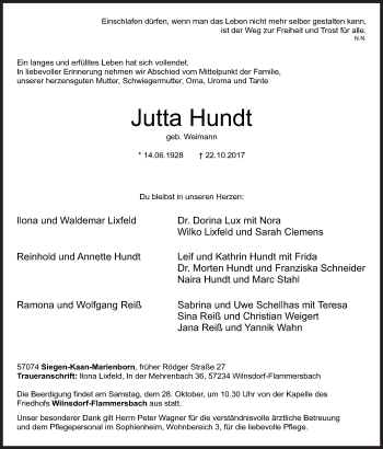 Traueranzeige von Jutta hundt von Siegener Zeitung