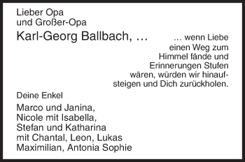 Traueranzeige von Karl-Georg Ballbach von Siegener Zeitung