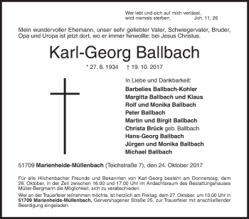 Traueranzeige von Karl-Georg Ballbach von Siegener Zeitung