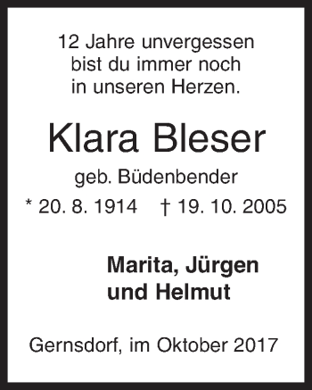 Traueranzeige von Klara Bleser von Siegener Zeitung
