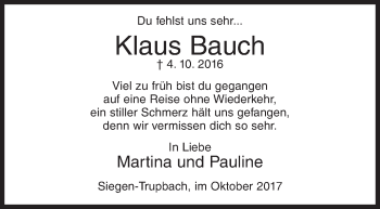 Traueranzeige von Klaus Bauch von Siegener Zeitung