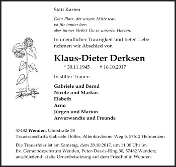 Traueranzeige von Klaus-Dieter Derksen von Siegener Zeitung