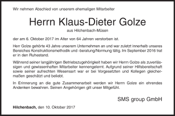 Traueranzeige von Klaus-Dieter Golze von Siegener Zeitung