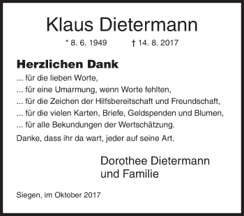 Traueranzeige von Klaus Dietermann von Siegener Zeitung