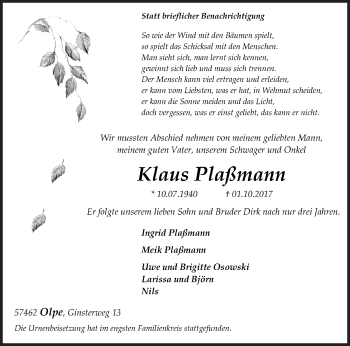Traueranzeige von Klaus Plaßmann von Siegener Zeitung