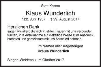 Traueranzeige von Klaus Wunderlich von Siegener Zeitung