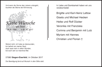 Traueranzeige von Käthe Wünsche von Siegener Zeitung