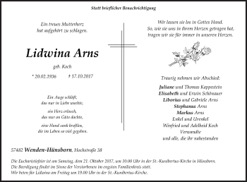 Traueranzeige von Lidwina Arns von Siegener Zeitung