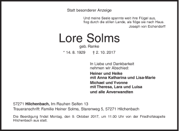 Traueranzeige von Lore Solms von Siegener Zeitung