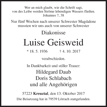 Traueranzeige von Luise Geisweid von Siegener Zeitung
