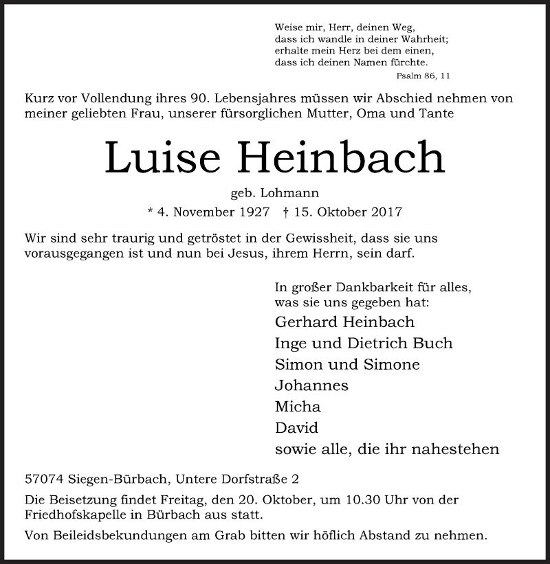  Traueranzeige für Luise Heinbach vom 18.10.2017 aus Siegener Zeitung