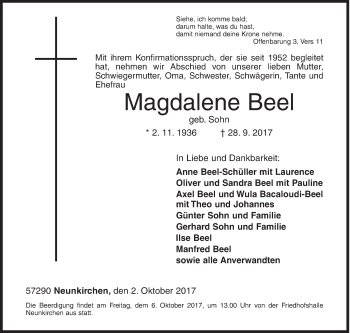 Traueranzeige von Magdalene Beel von Siegener Zeitung