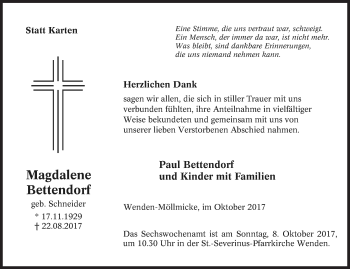 Traueranzeige von Magdalene Bettendorf von Siegener Zeitung